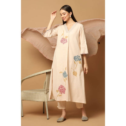 "Two Sisters" by Gyans Peach Cotton Floral V-Neck Kurta With Pant And Dupatta
