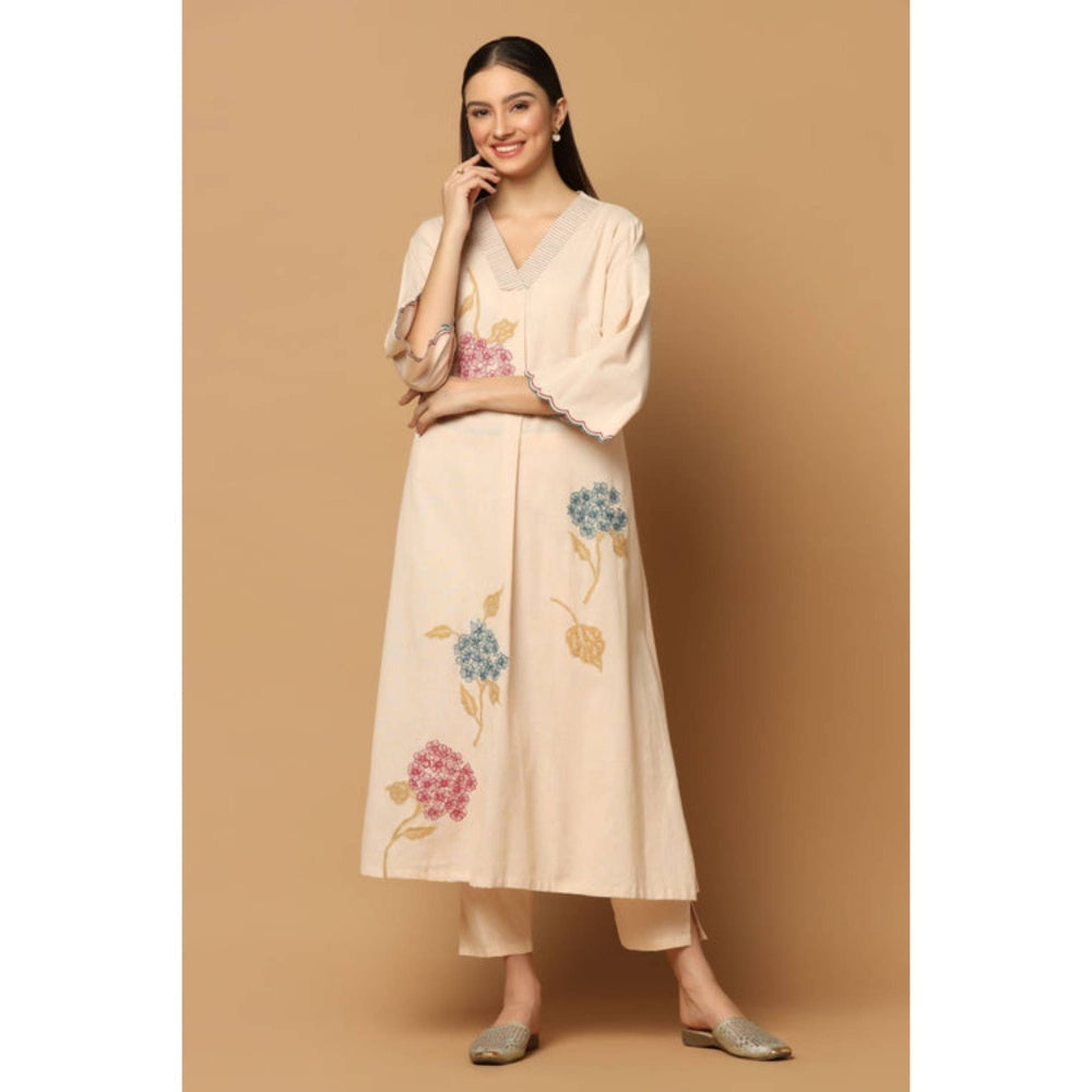 "Two Sisters" by Gyans Peach Cotton Floral V-Neck Kurta With Pant And Dupatta
