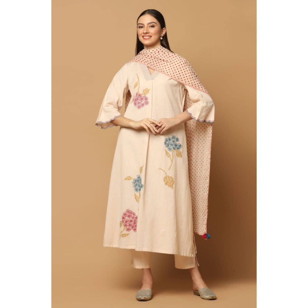 "Two Sisters" by Gyans Peach Cotton Floral V-Neck Kurta With Pant And Dupatta