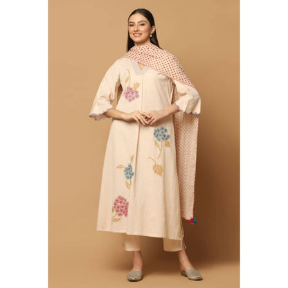 "Two Sisters" by Gyans Peach Cotton Floral V-Neck Kurta With Pant And Dupatta
