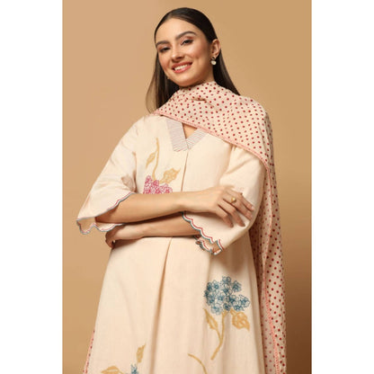 "Two Sisters" by Gyans Peach Cotton Floral V-Neck Kurta With Pant And Dupatta