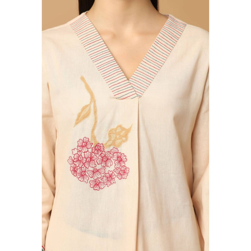 "Two Sisters" by Gyans Peach Cotton Floral V-Neck Kurta With Pant And Dupatta
