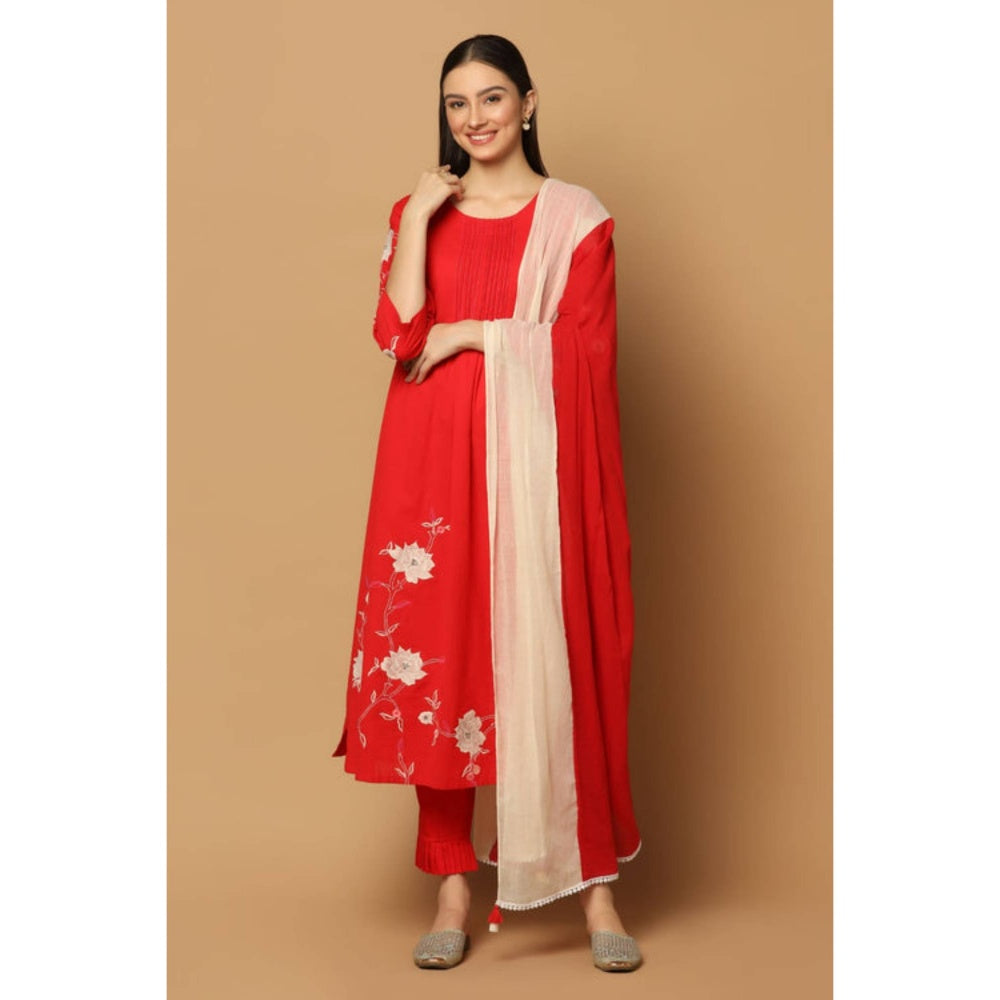 "Two Sisters" by Gyans Women Red Cotton Floral Kurta with Pant and Dupatta