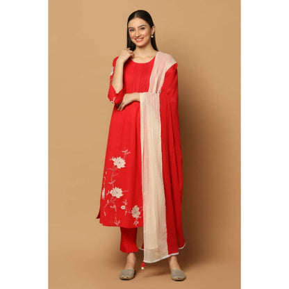 "Two Sisters" by Gyans Women Red Cotton Floral Kurta with Pant and Dupatta