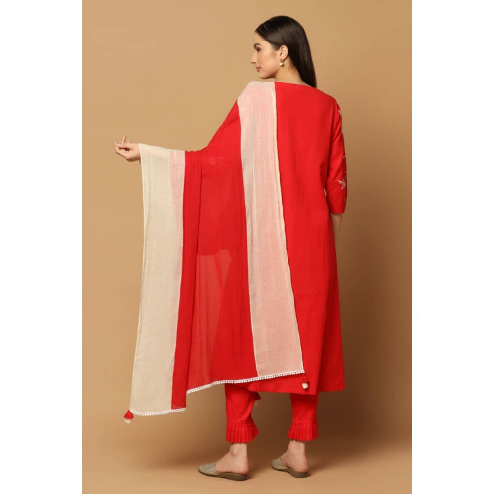 "Two Sisters" by Gyans Women Red Cotton Floral Kurta with Pant and Dupatta