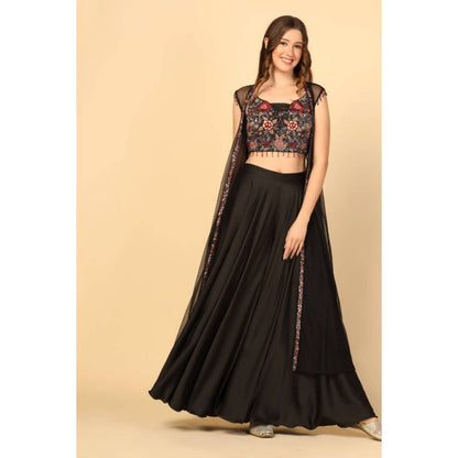 "Two Sisters" by Gyans Women Black Satin Embroidered Top with Palazzo and Dupatta