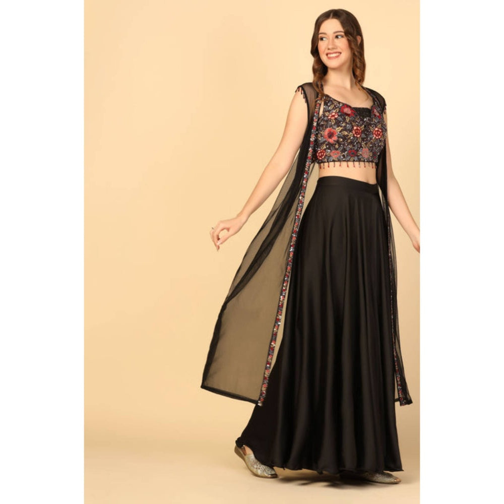 "Two Sisters" by Gyans Women Black Satin Embroidered Top with Palazzo and Dupatta