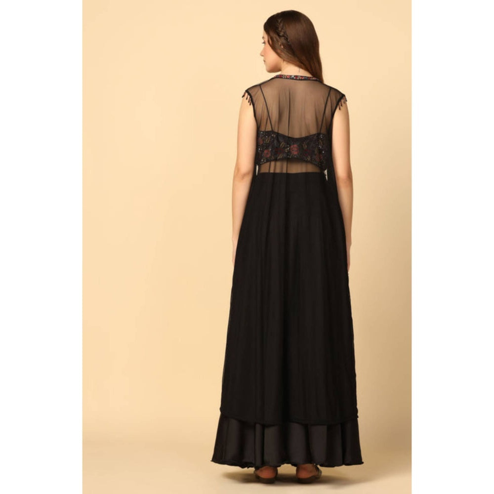 "Two Sisters" by Gyans Women Black Satin Embroidered Top with Palazzo and Dupatta