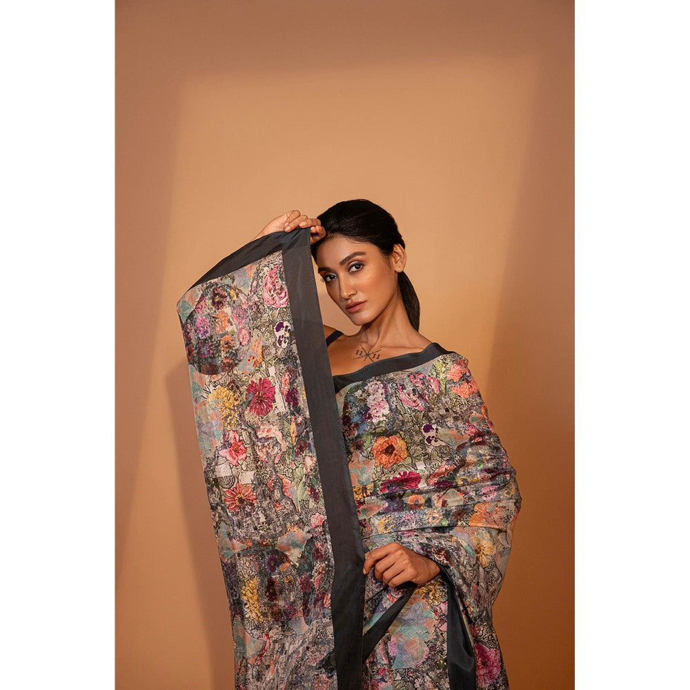 UNALLUME BY NISHA Floral Camouflage Silk Saree with Unstitched Blouse - Grey