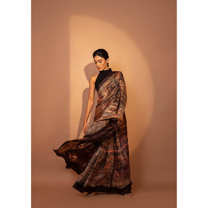 UNALLUME BY NISHA Celosia King Coral Silk Saree with Unstitched Blouse - Brown