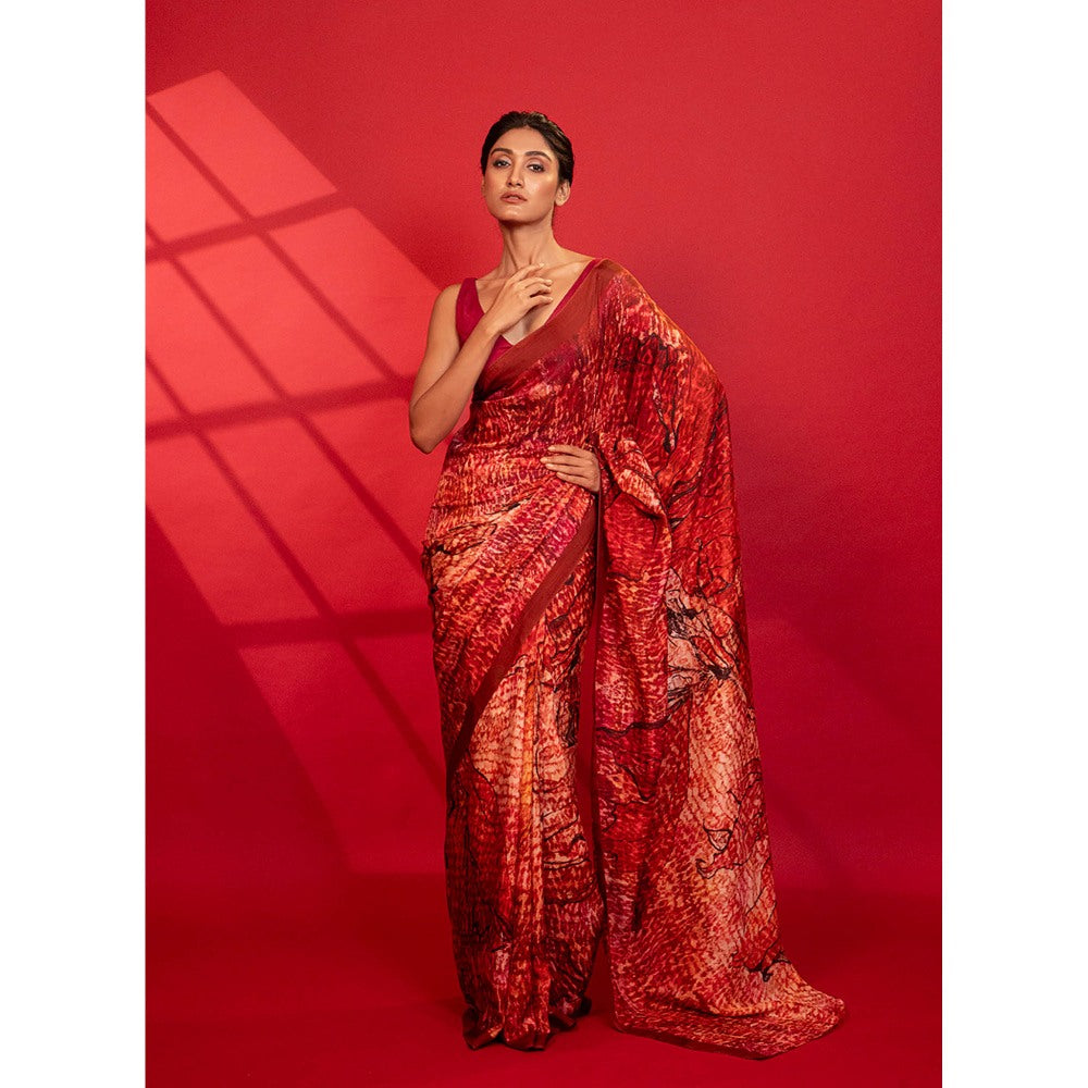 UNALLUME BY NISHA Crimson Red Blossom Silk Saree with Unstitched Blouse