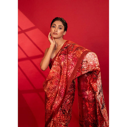 UNALLUME BY NISHA Crimson Red Blossom Silk Saree with Unstitched Blouse