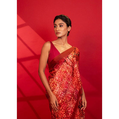 UNALLUME BY NISHA Crimson Red Blossom Silk Saree with Unstitched Blouse