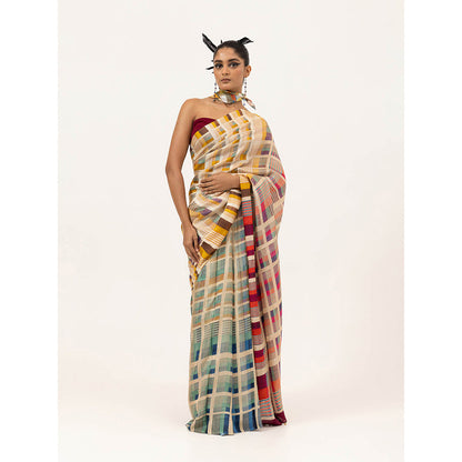 UNALLUME BY NISHA Modern Mosaic Silk Saree with Unstitched Blouse - Multi-Color