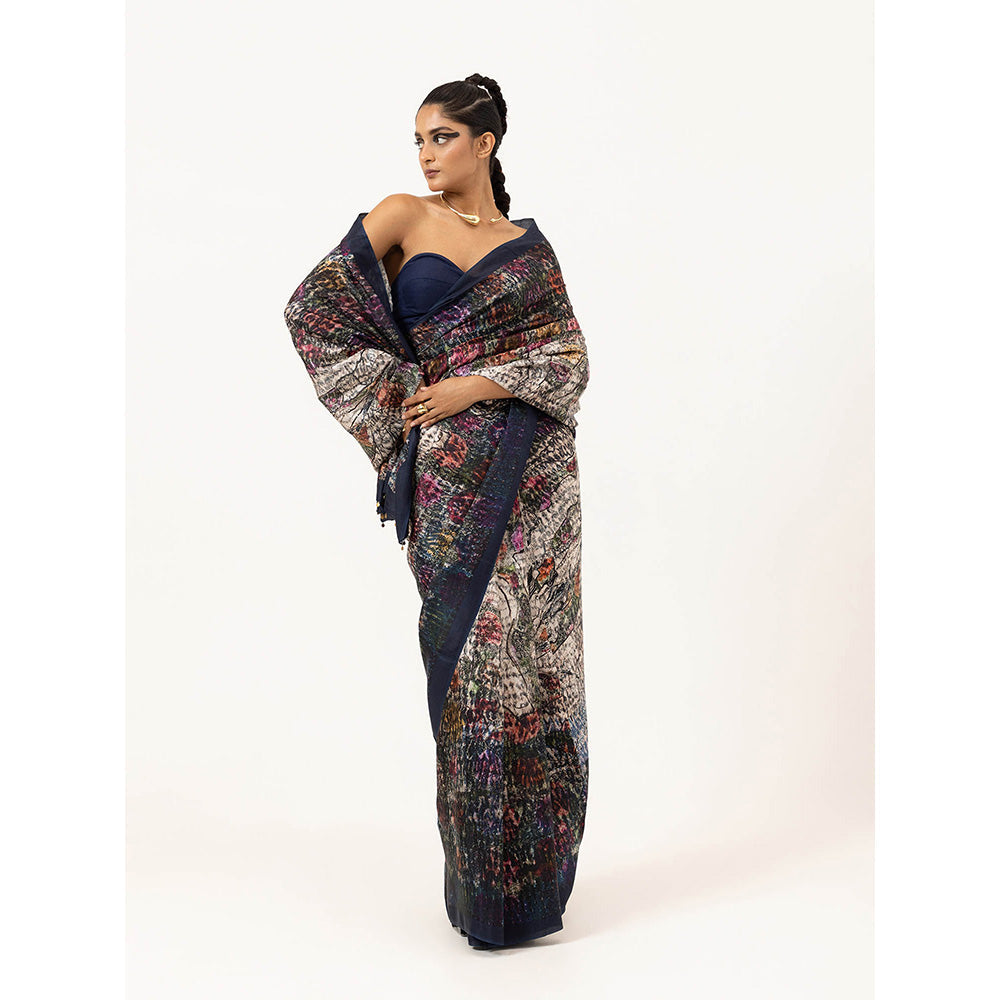 UNALLUME BY NISHA Whispering Bloom Silk Saree with Unstitched Blouse - Navy Blue