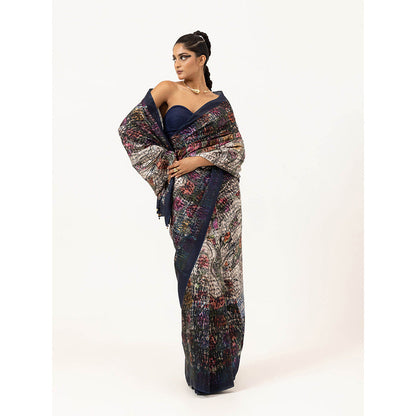 UNALLUME BY NISHA Whispering Bloom Silk Saree with Unstitched Blouse - Navy Blue