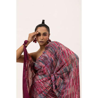 UNALLUME BY NISHA Crimson Tide Silk Saree with Unstitched Blouse - Pink
