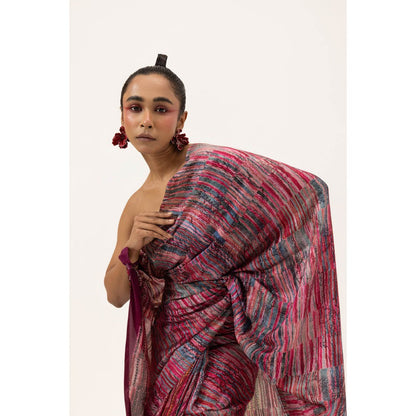 UNALLUME BY NISHA Crimson Tide Silk Saree with Unstitched Blouse - Pink