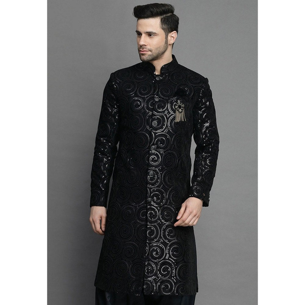 UTSAV FASHION Embroidered Straight Velvet Black Sherwani with Salwar