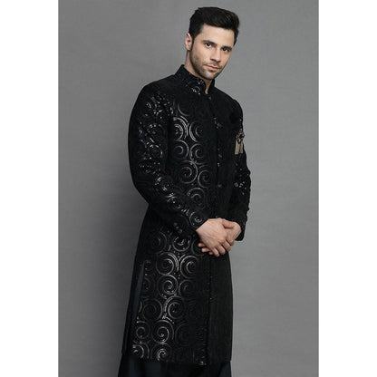 UTSAV FASHION Embroidered Straight Velvet Black Sherwani with Salwar