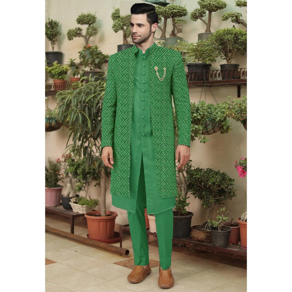 UTSAV FASHION Embroidered Green Cotton Silk Faux Georgette Sherwani with Pant and Jacket