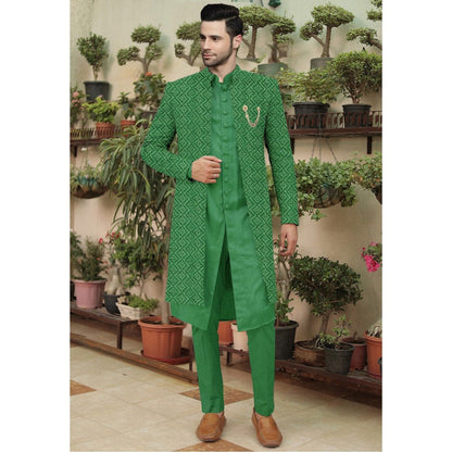 UTSAV FASHION Embroidered Green Cotton Silk Faux Georgette Sherwani with Pant and Jacket