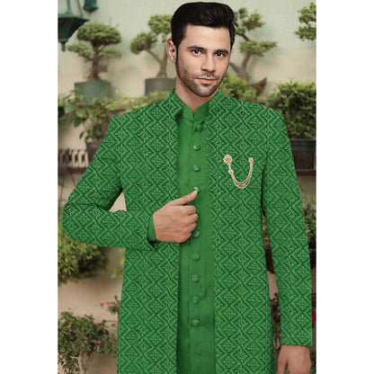 UTSAV FASHION Embroidered Green Cotton Silk Faux Georgette Sherwani with Pant and Jacket