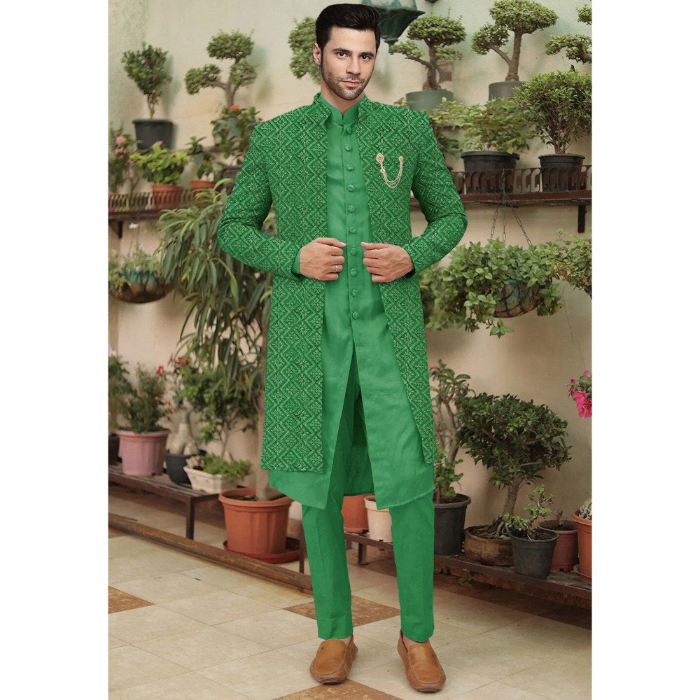UTSAV FASHION Embroidered Green Cotton Silk Faux Georgette Sherwani with Pant and Jacket