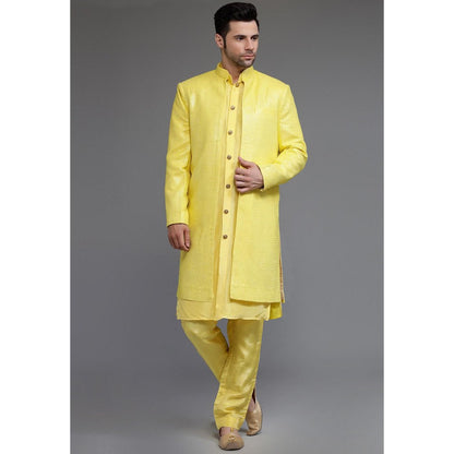 UTSAV FASHION Yellow Cotton Silk Embellished Sherwani With Kurta & Pant