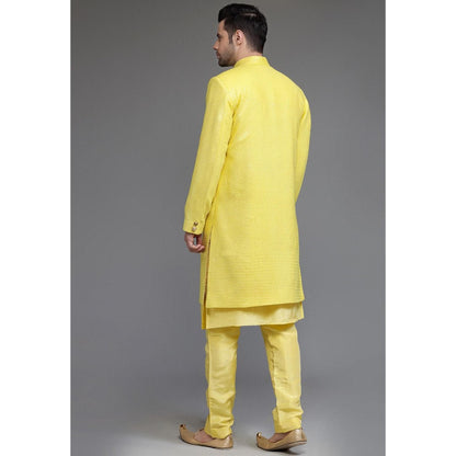 UTSAV FASHION Yellow Cotton Silk Embellished Sherwani With Kurta & Pant