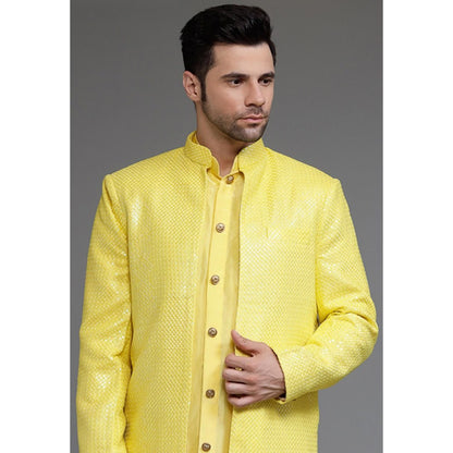 UTSAV FASHION Yellow Cotton Silk Embellished Sherwani With Kurta & Pant