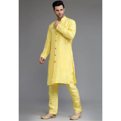 UTSAV FASHION Yellow Cotton Silk Embellished Sherwani With Kurta & Pant