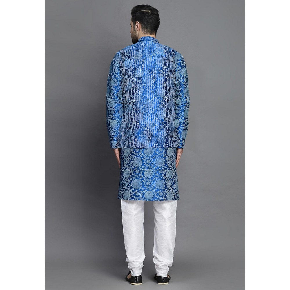 UTSAV FASHION Block Printed Art Silk Blue Kurta with Churidar and Jacket