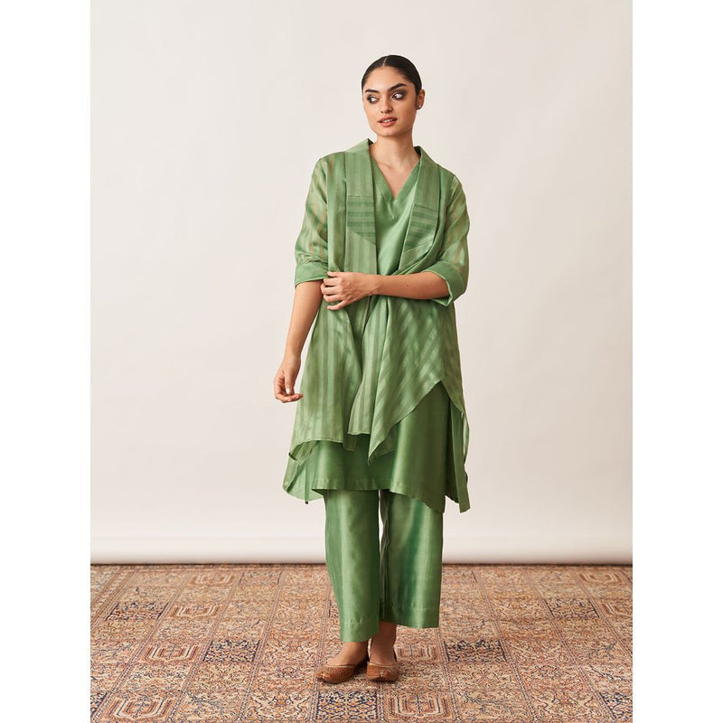 Vaaya The Pista Green Silk Chanderi Ensemble Kurta with Overlay and Palazzo (Set of 3)