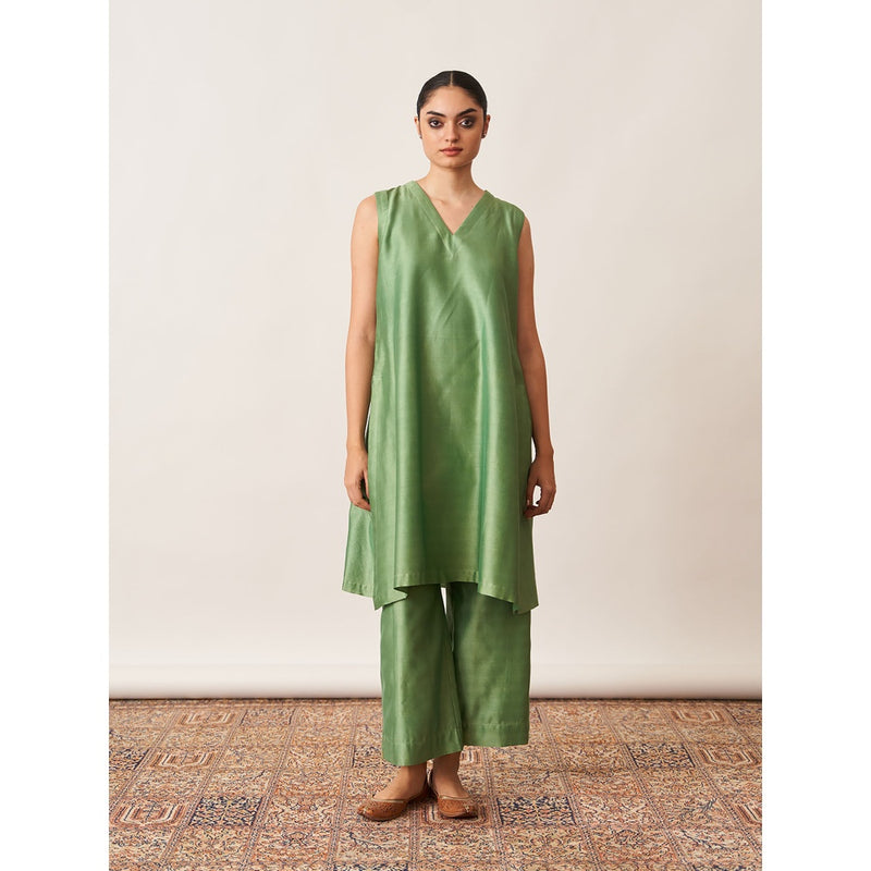 Vaaya The Pista Green Silk Chanderi Ensemble Kurta with Overlay and Palazzo (Set of 3)