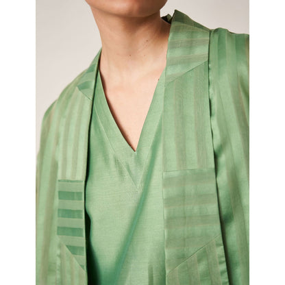 Vaaya The Pista Green Silk Chanderi Ensemble Kurta with Overlay and Palazzo (Set of 3)