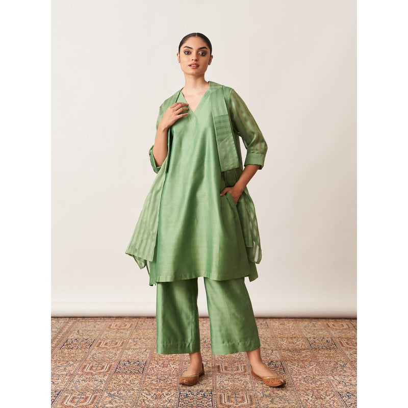 Vaaya The Pista Green Silk Chanderi Ensemble Kurta with Overlay and Palazzo (Set of 3)
