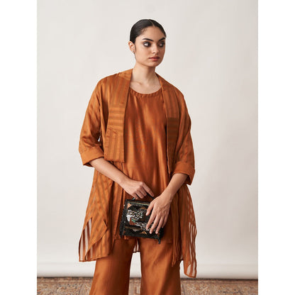 Vaaya The Bronze Silk Chanderi Ensemble Kurta with Overlay and Pant (Set of 3)