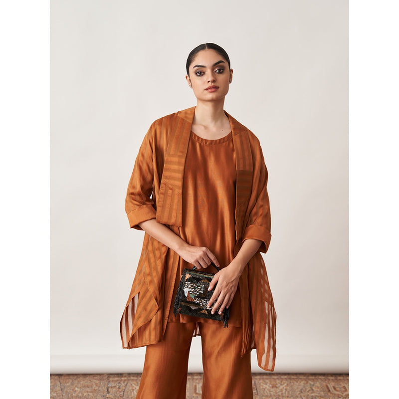 Vaaya The Bronze Silk Chanderi Ensemble Kurta with Overlay and Pant (Set of 3)