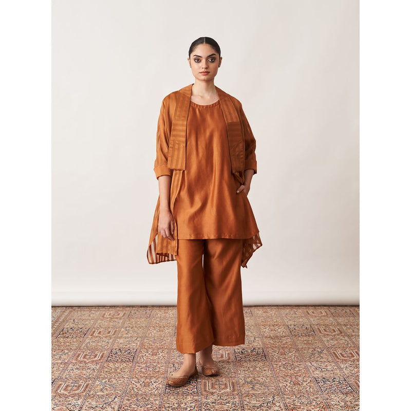 Vaaya The Bronze Silk Chanderi Ensemble Kurta with Overlay and Pant (Set of 3)