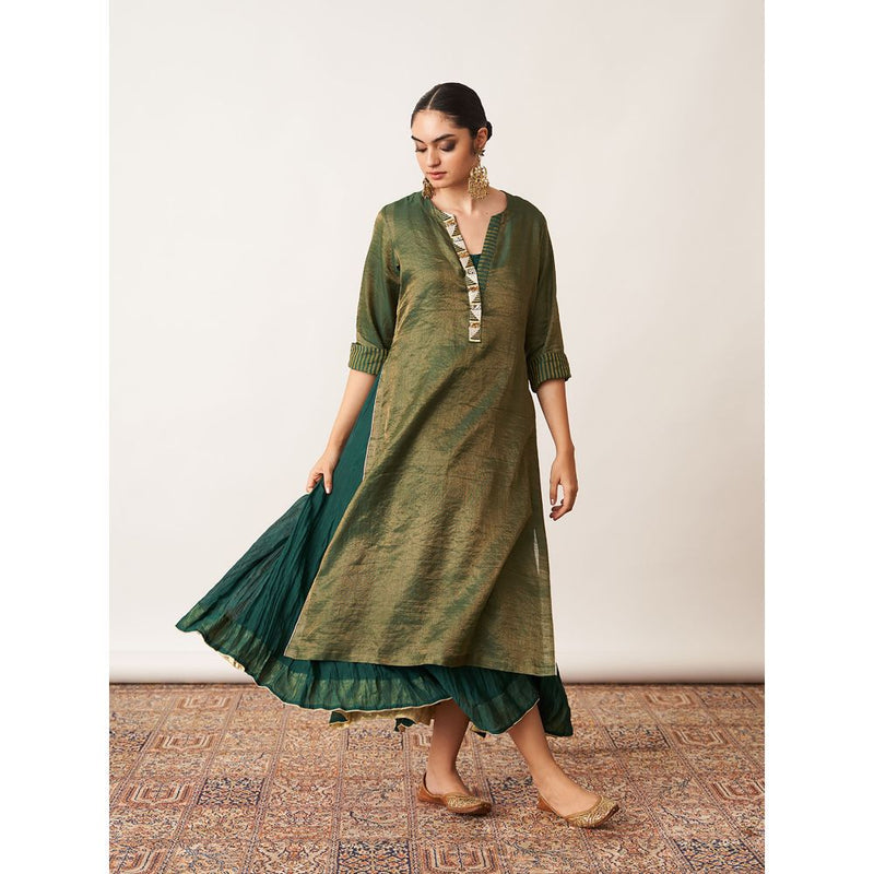 Vaaya The Bottle Green Silk Tissue Chanderi Kalidaar Ensemble Dress with Kurta (Set of 2)