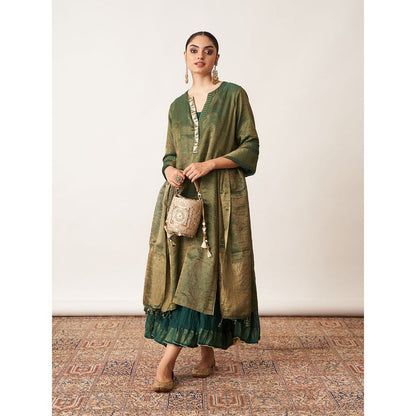 Vaaya The Bottle Green Silk Tissue Chanderi Kalidaar Ensemble Dress with Kurta (Set of 2)