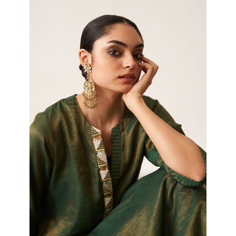 Vaaya The Bottle Green Silk Tissue Chanderi Kalidaar Ensemble Dress with Kurta (Set of 2)