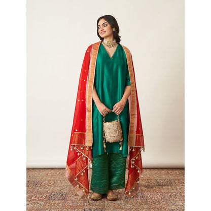 Vaaya The Panna Silk Chanderi Green Kurta with Palazzo (Set of 2)