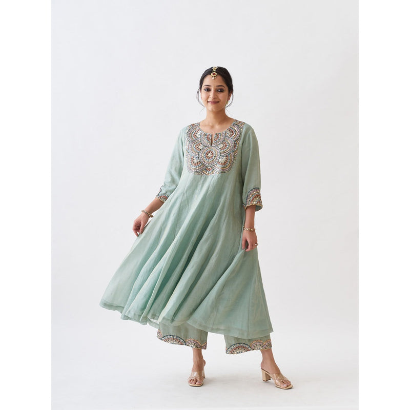 Vaaya The Blue Chanderi Gota Zari Anarkali Kurta with Palazzo and Dupatta (Set of 3)