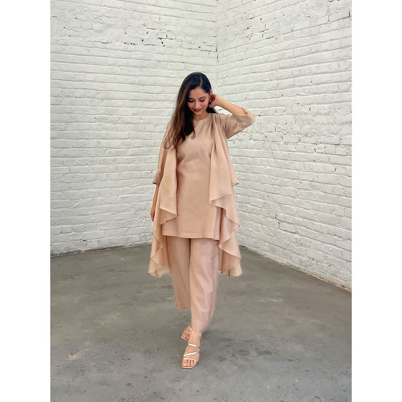 Vaaya The Waterfall Ensemble Kurti with Overlay and Pant- Champagne (Set of 3)