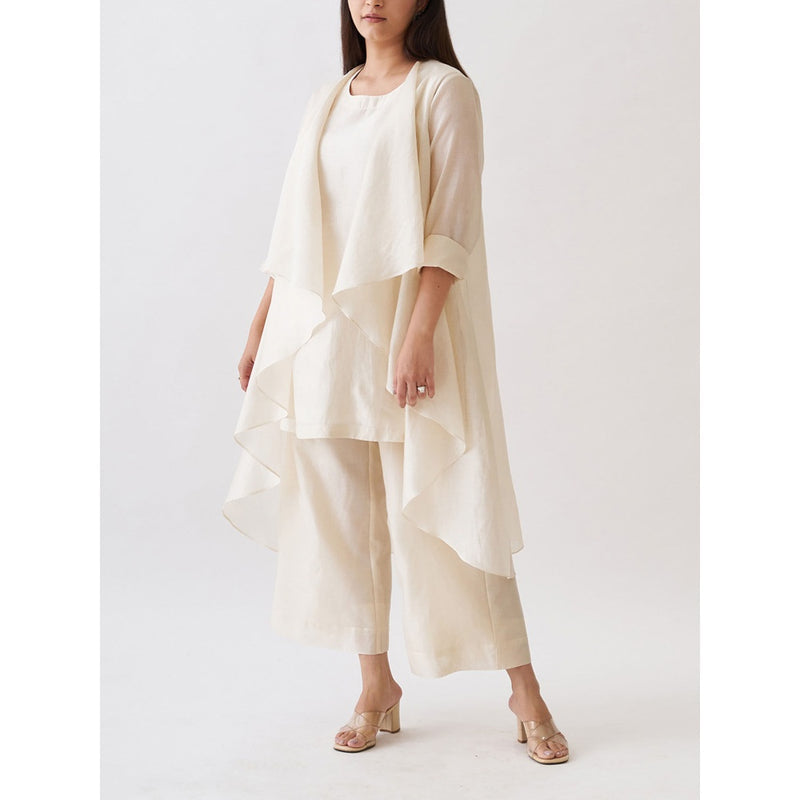 Vaaya The Waterfall Ensemble Overlay with Kurta and Pant - Off White (Set of 3)