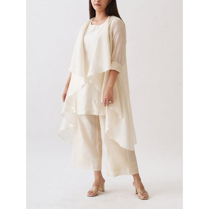 Vaaya The Waterfall Ensemble Overlay with Kurta and Pant - Off White (Set of 3)