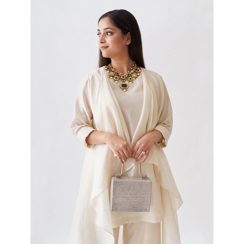 Vaaya The Waterfall Ensemble Overlay with Kurta and Pant - Off White (Set of 3)