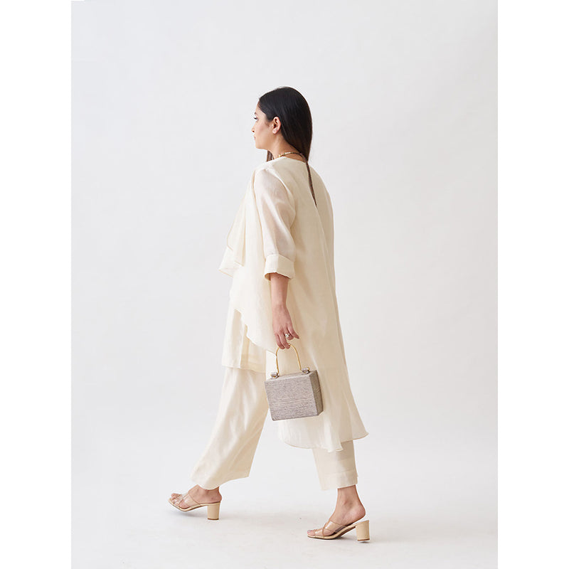 Vaaya The Waterfall Ensemble Overlay with Kurta and Pant - Off White (Set of 3)